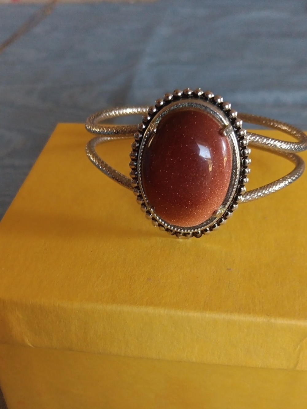 Goldstone Oval Stone Silver-Tone Cuff Bracelet - Brown